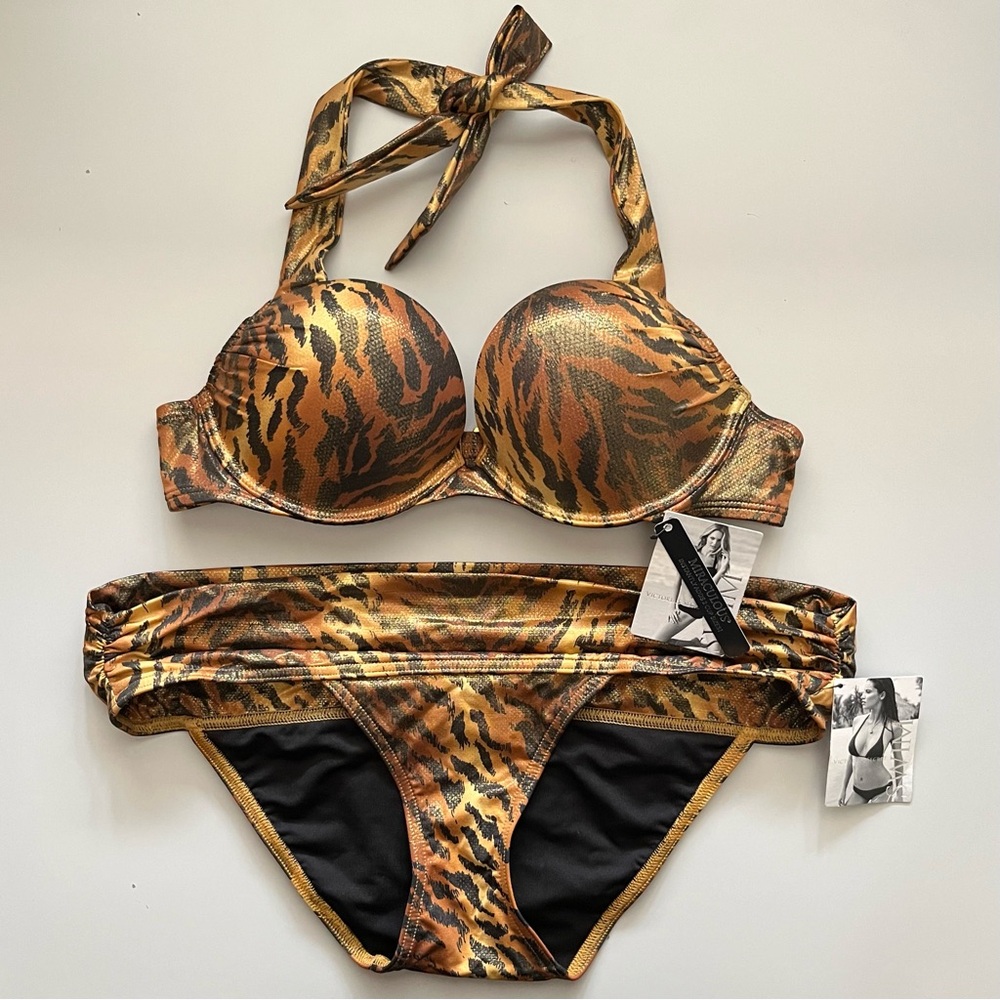 VS • 34A & Small • Miraculous Push Up Halter Metallic Tiger Low Rise Bikini